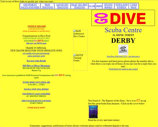 GoDive's early website in 2001